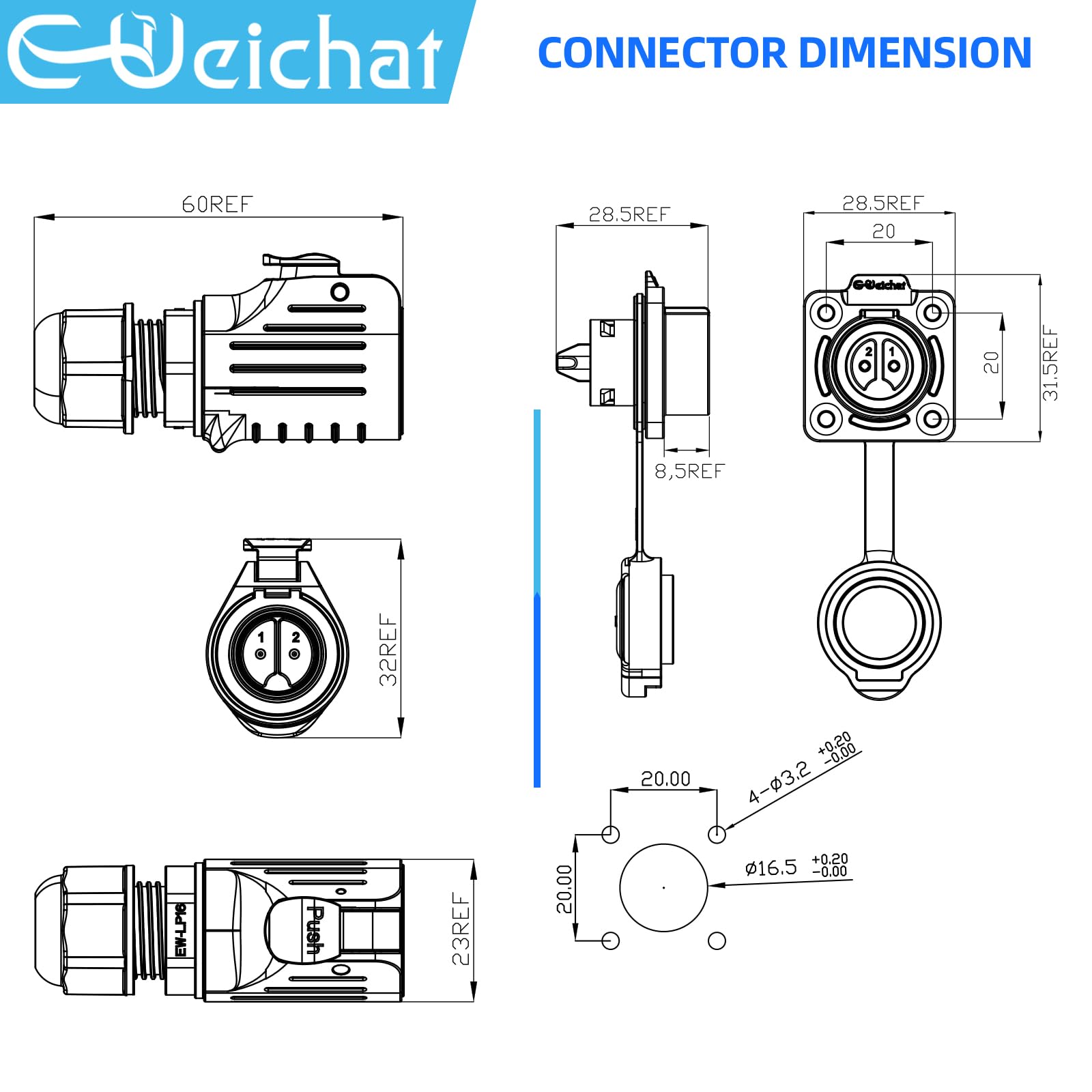 E-WeiChat EW-LP16 Industrial Waterproof Connector IP68 Quickly Plugging Aviation Connector PBT Plastic Shell Circular Connector Fast Release Electrical Connector M16 2-9 Pin Flange Socket (2 Pin) - Image 3