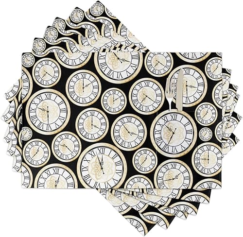 Gold Floral Table Placemats for Dining Table Set of 6,Cotton Linen Cloth Kitchen Place Mats with Pocket,Burlap SquareRectangleRoundOblong Holiday