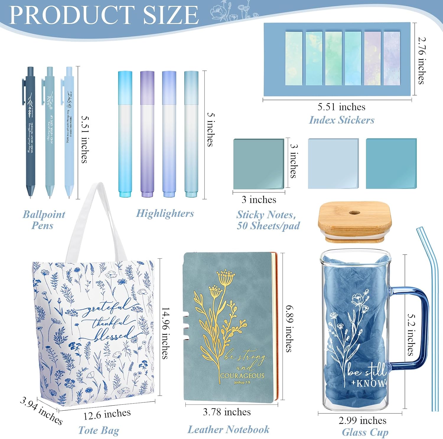 Reallnaive 14 Pcs Christian Gifts for Women Church Bible Journaling Study Kit 16oz Glass Cup Canvas Bag A6 Leather Notebook Highlighter Pen Sticky Note Sticker Fathers Day Sunday Shool Gift(Blue)