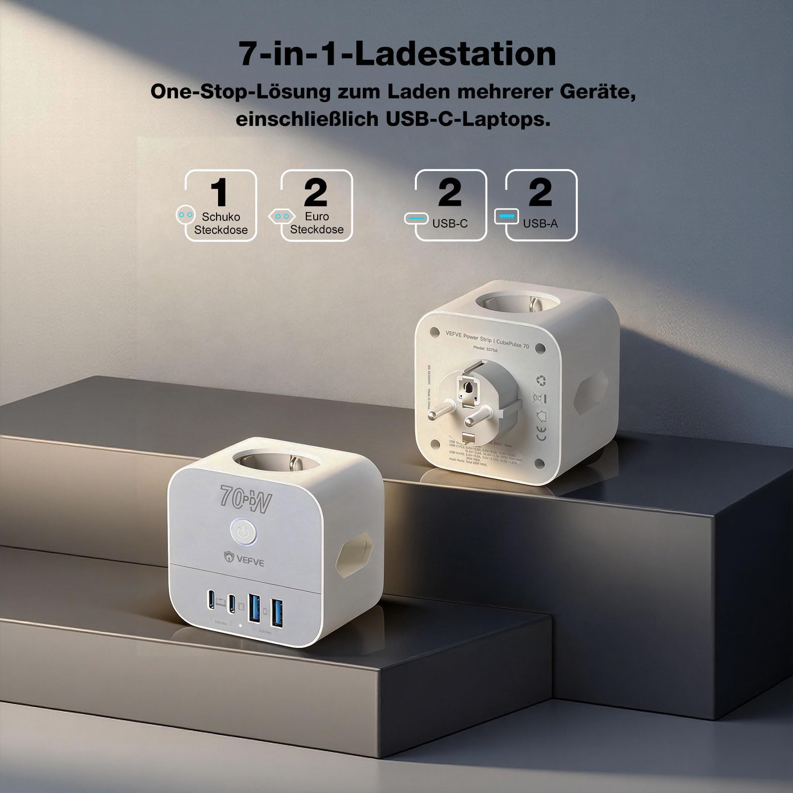 VEFVE Steckdosenwürfel ohne Kabel mit 70W USB C Ladegerät Mehrfachsteckdose