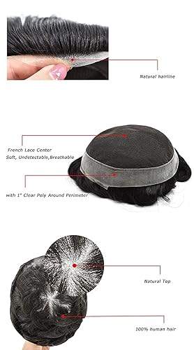 Miniatura 6 de Toupee para hombres, sistema de cabello humano europeo, piezas de cabello humano francés, encaje francés, tupé, piel de poliéster alrededor del