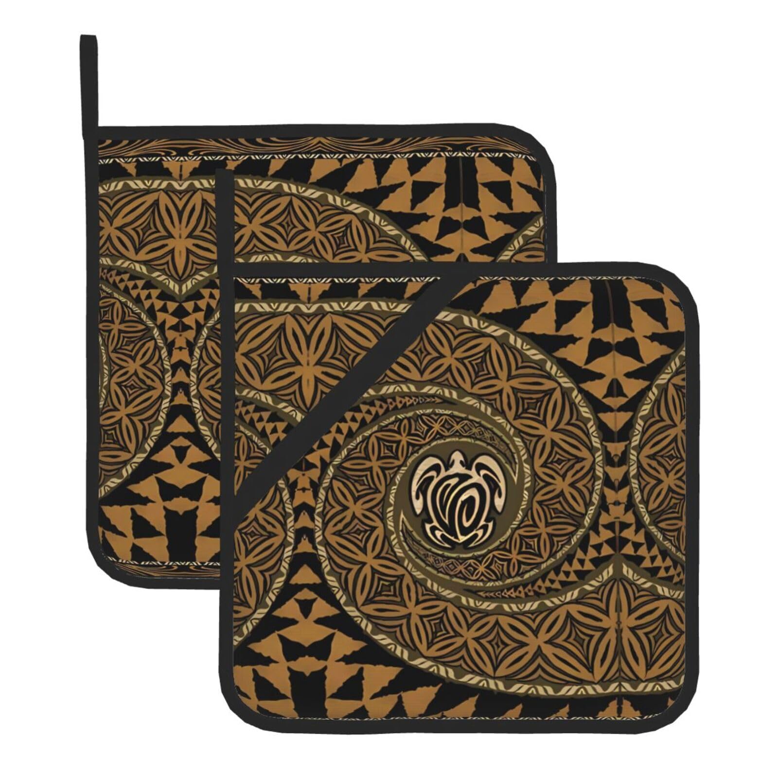 WHJSSF Hawaiian Tapa Honu Turtle Prints Square Hot Pads for Kitchen Counter - Waterproof Trivets with Hanging Loop, Thick Pot Covers for Serving, Oven & BBQ - Set of 2 (1 with Pocket)