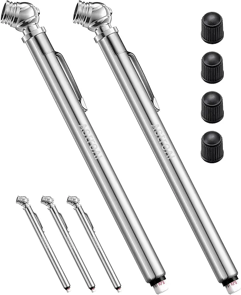 AstroAI Pencil Tire Pressure Gauge 2 Pack (10-75PSI, ±2% Span), Air Pressure Gauge for Tires, Stainless Steel Body, and Metal Made Nozzle 3 Measurements for Cars, Bikes, Vehicles