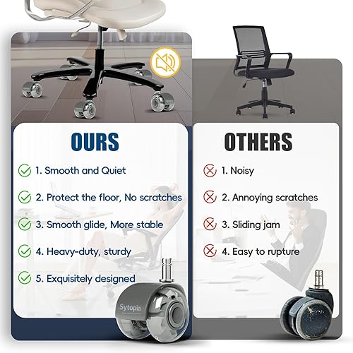 Vista 47 de Sytopia Ruedas de repuesto para sillas de oficina, resistentes para suelos de madera dura y alfombras, repuesto para alfombrillas de goma, Negro-b