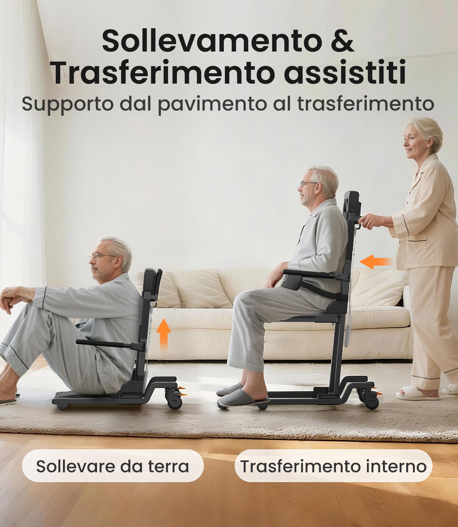 VOCIC AX35 - Sollevamento elettrico da terra con funzione di trasferimento, arrotolabile e mobile seduto per trasferimenti interni, portata fino a 160 kg, con 4 ruote e freni, compatta