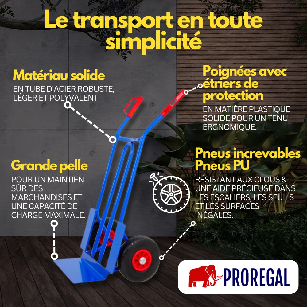 PROREGAL Diable Pliable Rhino XL | HxLxP 104x50x60cm | Capacité de Charge 250 kg | Bleu | Roues pneumatiques | Chariot de Transport, Diable d'escalier