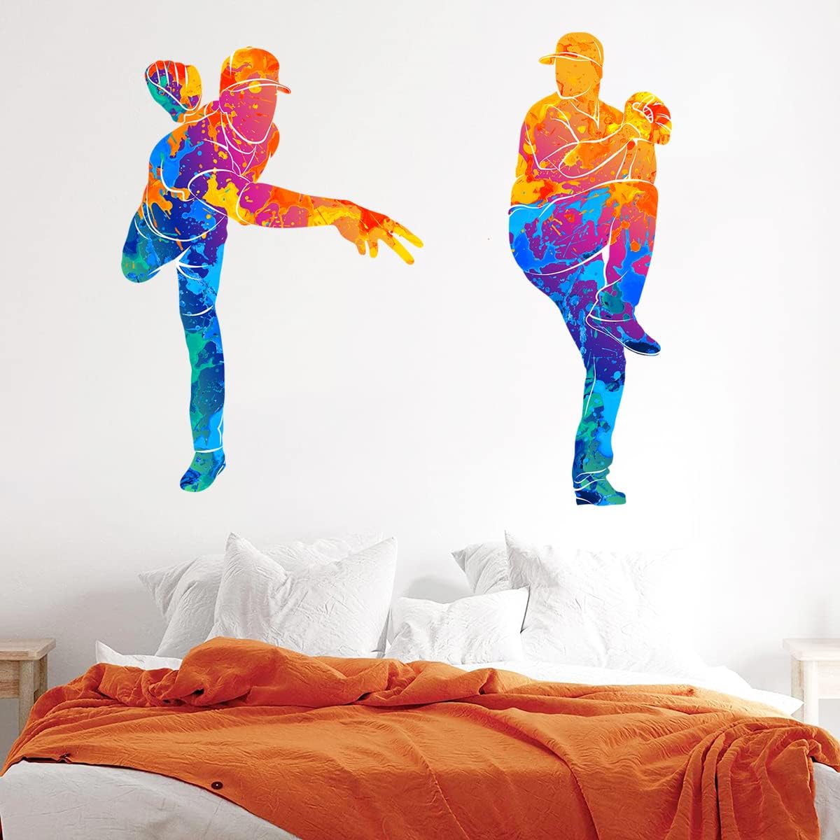 Colorful Baseball Player Wall Decals Sport Theme Baseball Wall Stickers Peel & Stick Colors Splash Wall Art Decor for Boys Teens Room Kids Bedroom Playroom Decoration