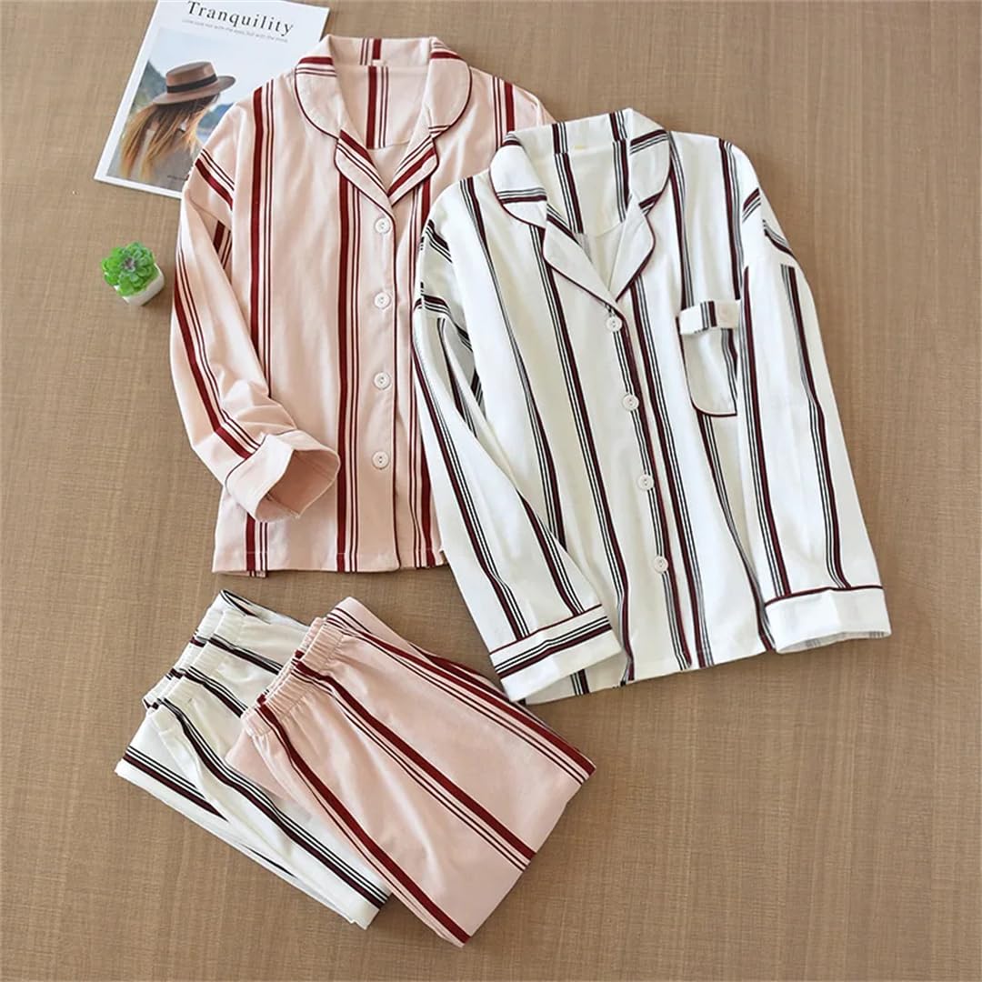 Hdhdeueh Conjunto de pijama de punto de algodón a rayas para mujer, camiseta de manga larga y pantalones suaves y cómodos