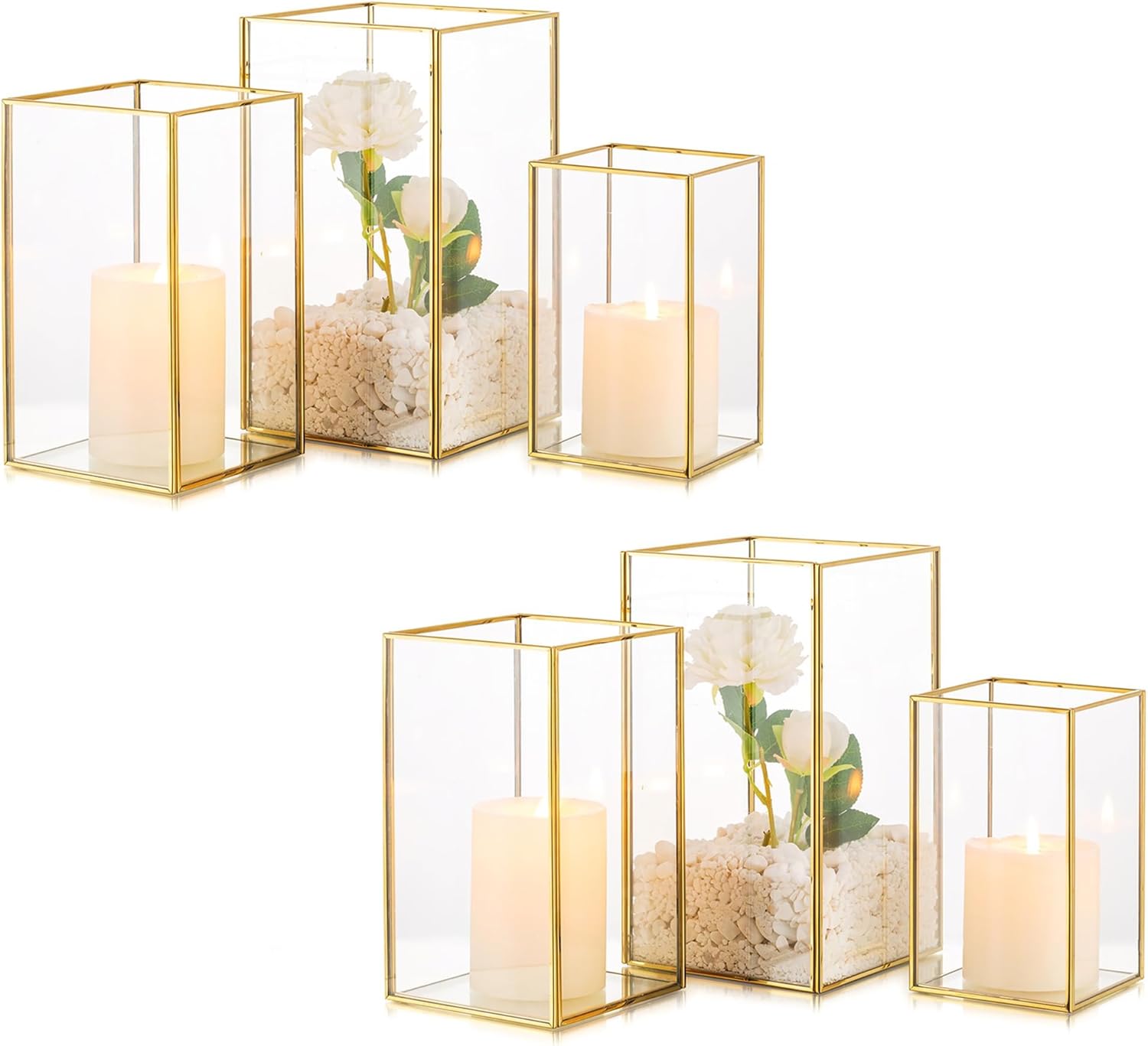Glass Hurricane Candle Holder: 3 Pcs Gold Large Rectangular Hurricane Candleholder Lantern Centerpieces for Tables Glass Decorative Lantern Candle Holder for Wedding Christmas Home Decor