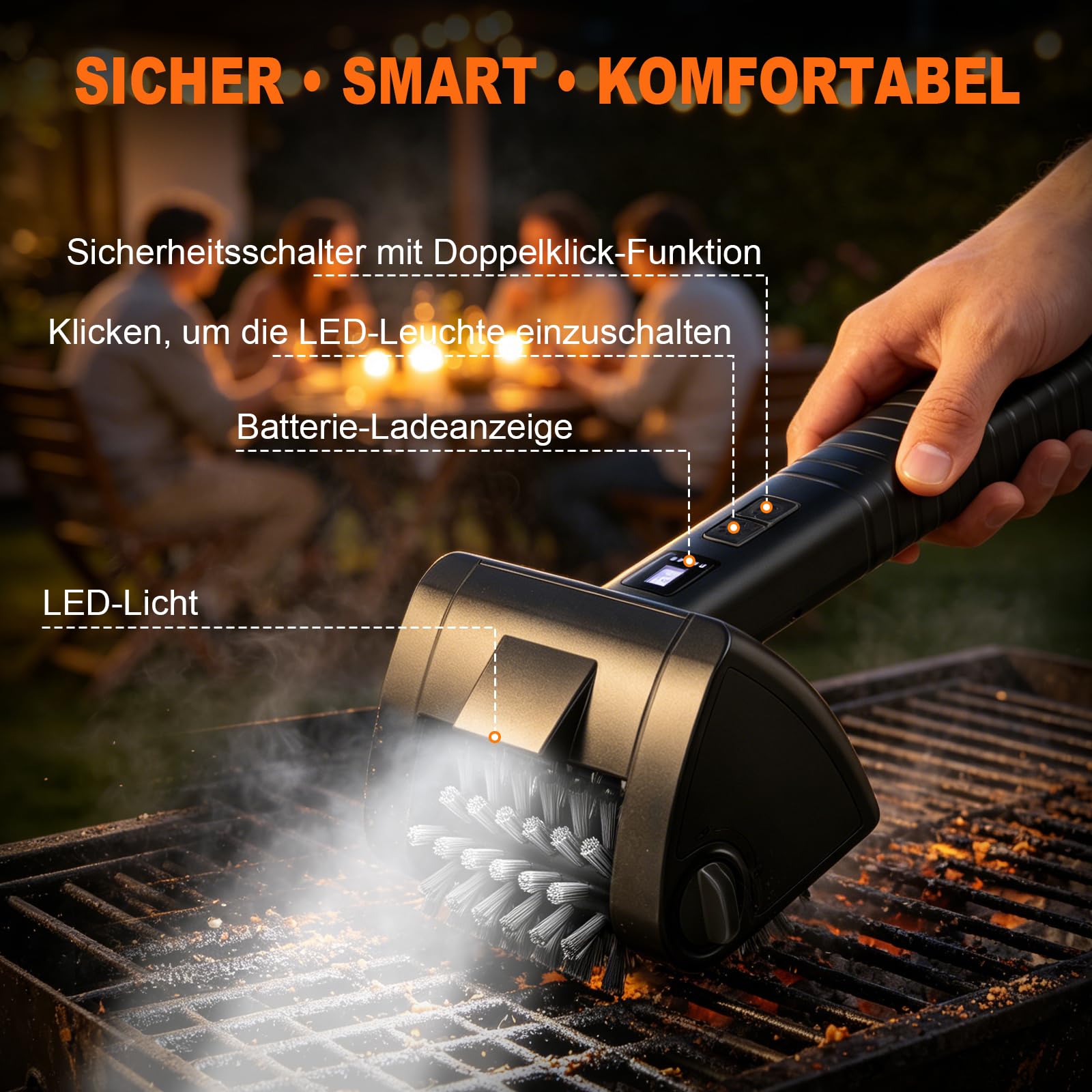 Elektrische Grillbürste Kabellos 4000mAh Akku 304 Edelstahl für Grillrost | Reinigungsbürste mit 2-Stufen Reinigung, 90 Min Laufzeit, LED-Licht, Wasserdicht und BBQ-Grillbürste für Männer