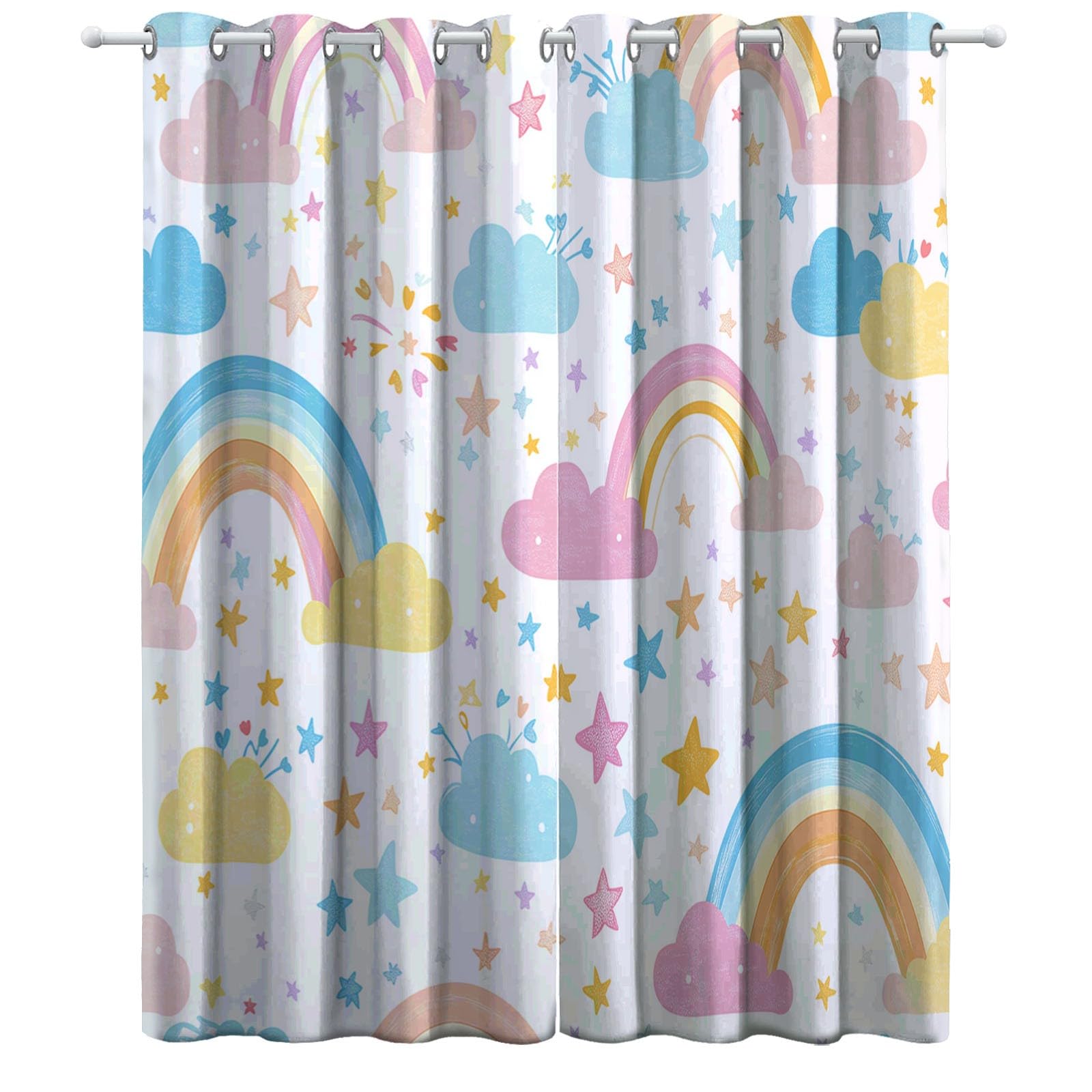 Arc en Ciel Nuages Étoiles Rideau Occultant, Blanc Rideau Thermique Isolant Tenture Opaque à Oeillets Draperies IntéRieurs pour Chambre Salon Décoration 2 Panneaux 92L x 214H cm