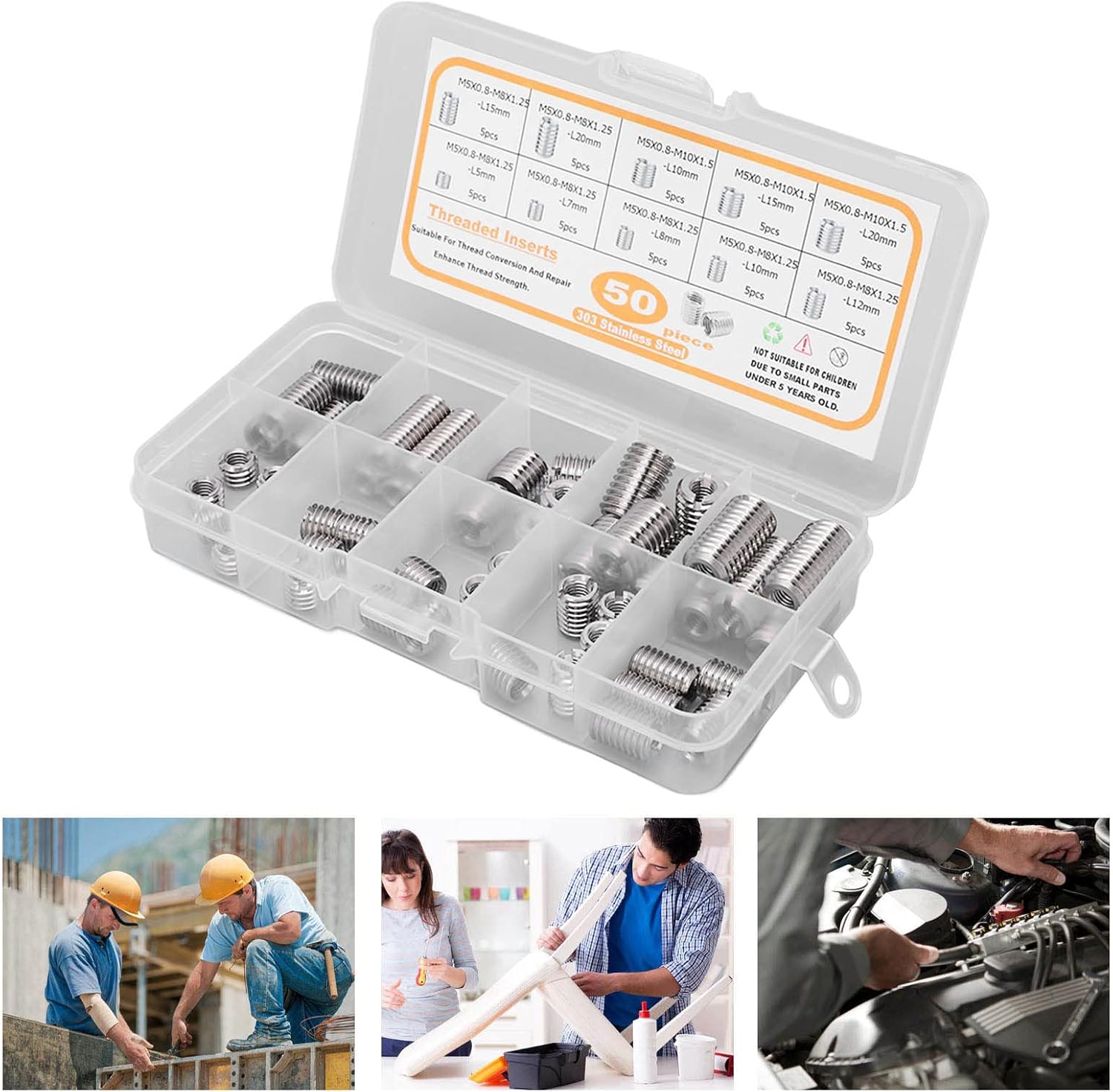 Threaded Inserts M5x0.8, Thread Repair Insert Nut, Stainless Steel Thread Conversion Repair Kit with Storage Box, for Aviation, Automotive, and Mechanical Equipment
