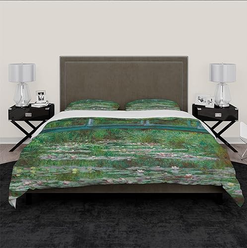 Miniatura 3 de Green Pond Water Lily Funda Napa 3 piezas (1 funda nórdica, 2 fundas de almohada) Funda de edredón de microfibra Suave Claude Monet con cierre de