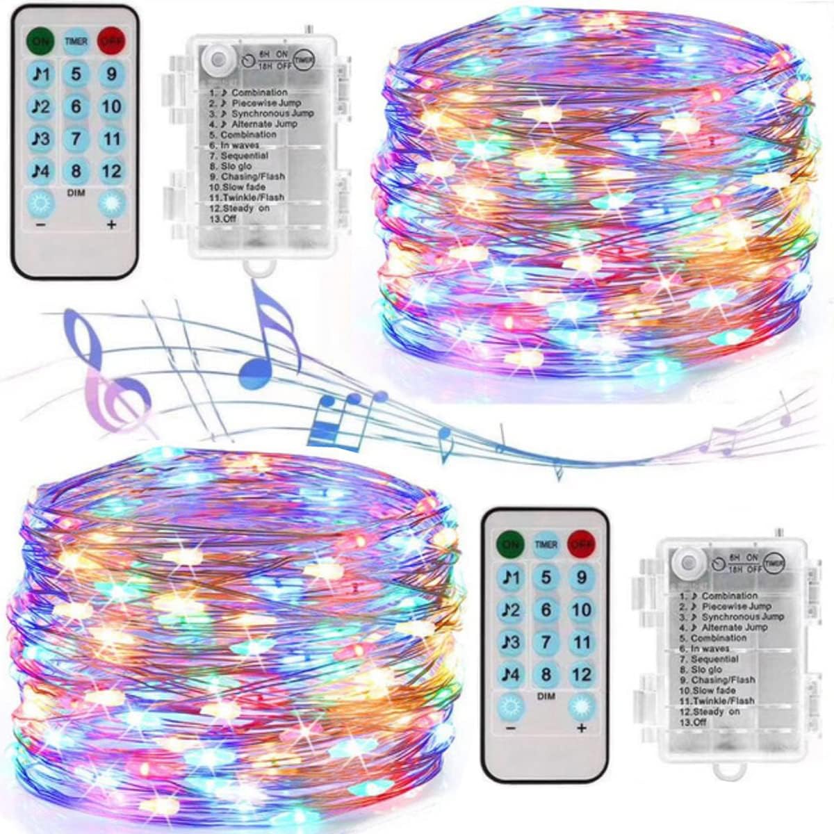 2 Pack 12 Modes Sound Activated Music String Lights, Battery Operated 33Ft 100 LED Silver Wire Fairy Lights with Remote Timer for Bedroom Wedding Party Festival(Multicolor)