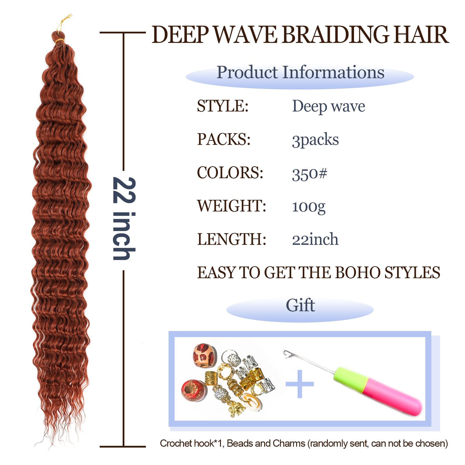 MLETULIPS Ocean Wave Crochet Hair Extensions Deep Wave Braiding Crochet Hair Soft Synthetic Curly Braiding Crochet Hair for Black Women (350# - Image 2