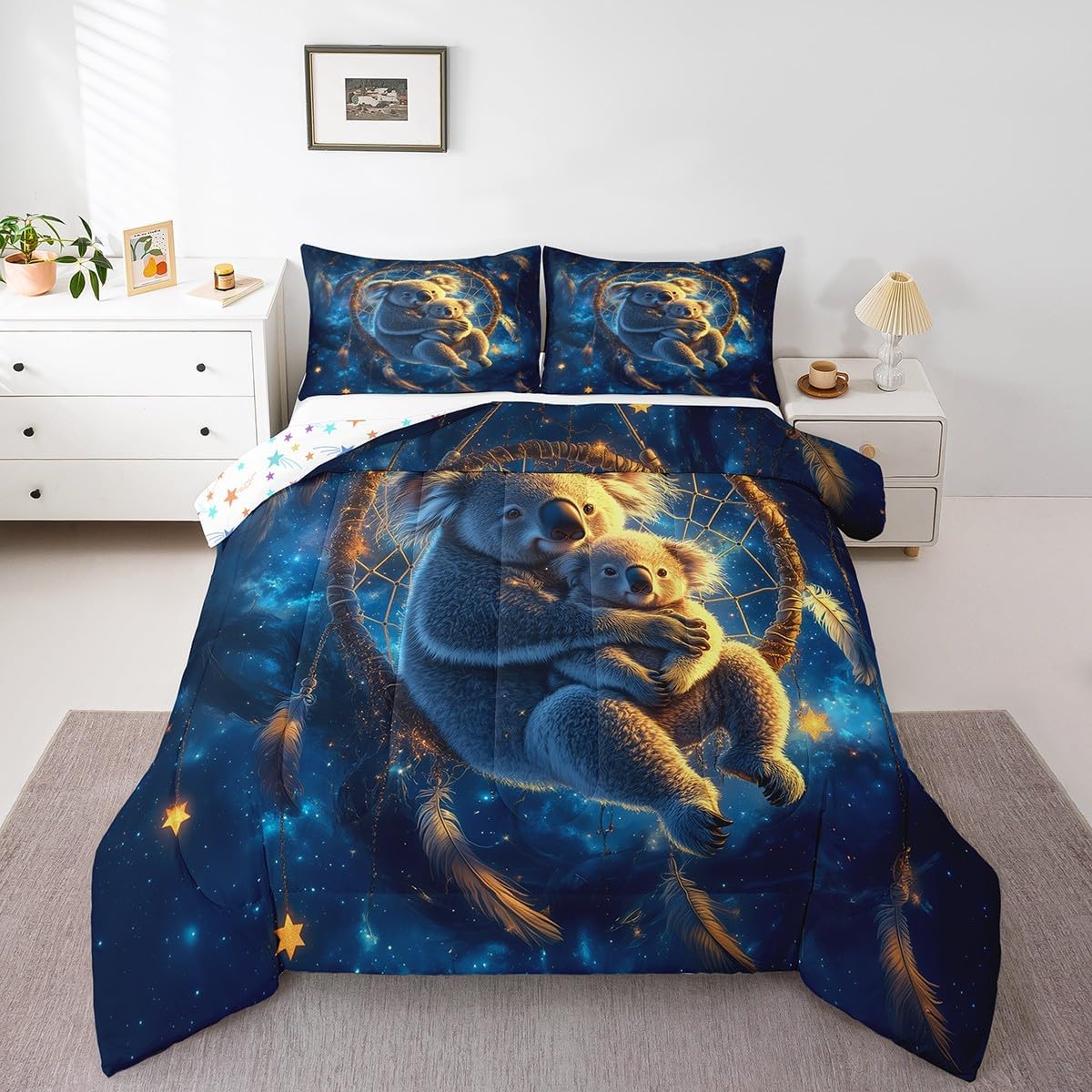 Erosebridal Koala Comforter Set Dream Catchers Quilt Bed Set,Boho Feather Galaxy Stars Twin Bedding Sets for Girls,Safari Animals Duvet Insert,Exotic Bohemian Decor