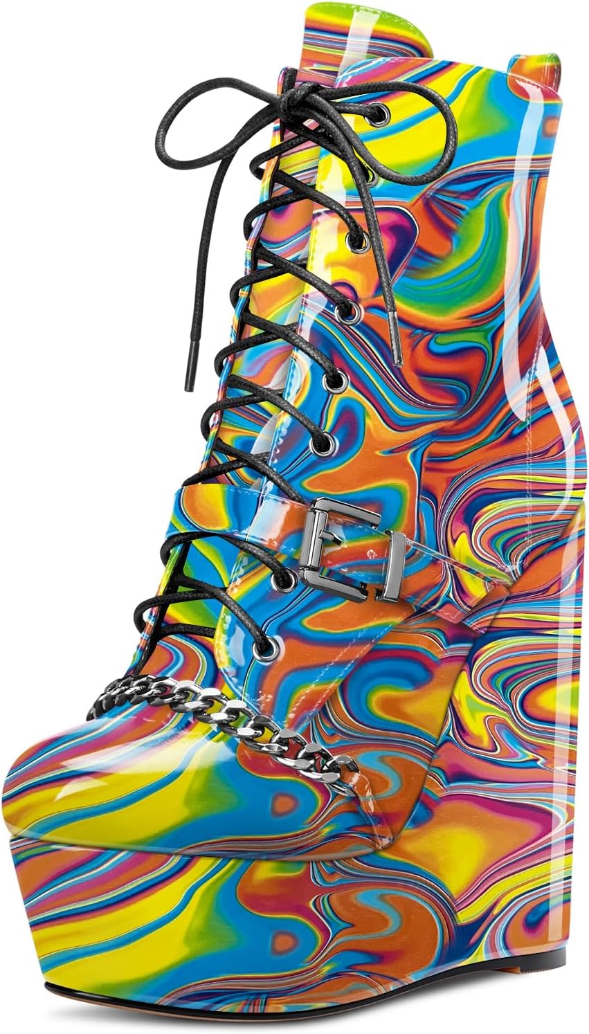 NobleOnly Womens High Heel Platform Wedge Ankle Boots Round-Toe Lace Up Rivet Boot with Zipper 6" Heel Shoes