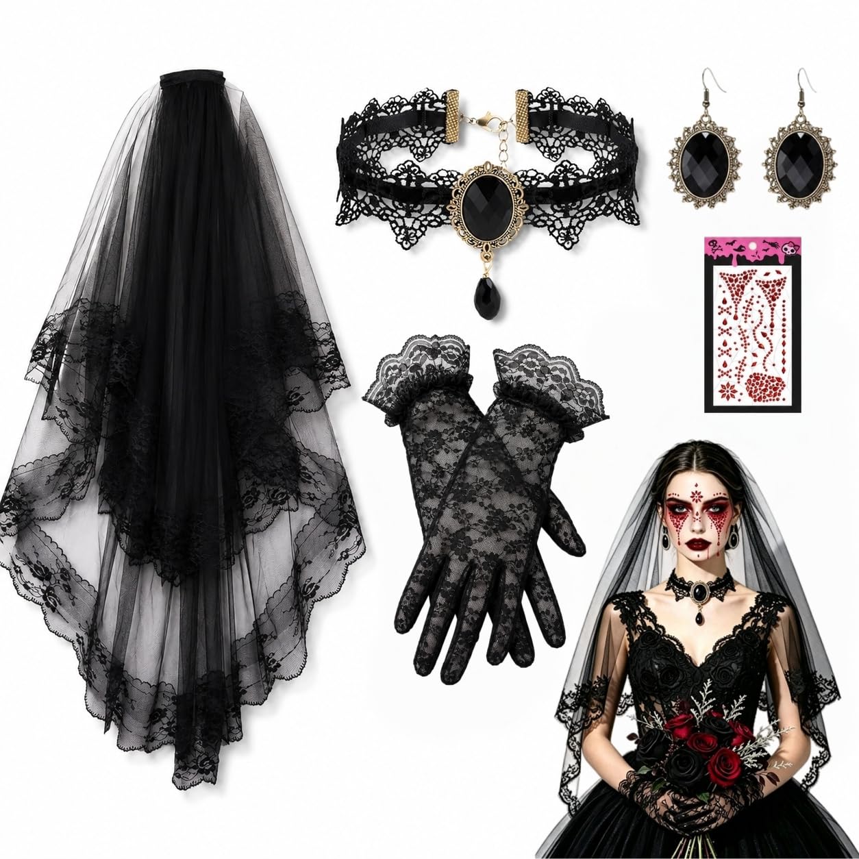 RUISOPE Gothic Bride Veil Set, 5PCS Halloween Costume Set Accessory
