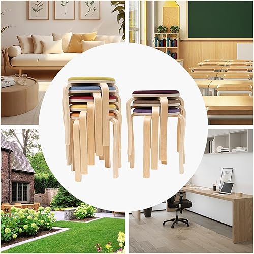 Miniatura 6 de Juego de 8 taburetes apilables, taburete redondo de madera maciza de color sólido de 17 pulgadas de alto, esquinas redondeadas, asientos flexibles