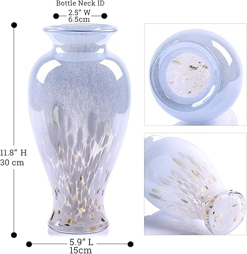 Miniatura 3 de Jarrón de vidrio azul soplado de 11.8 pulgadas de alto, colorido jarrón de vidrio opaco, diseño único de boca ancha para decoración del hogar, sala