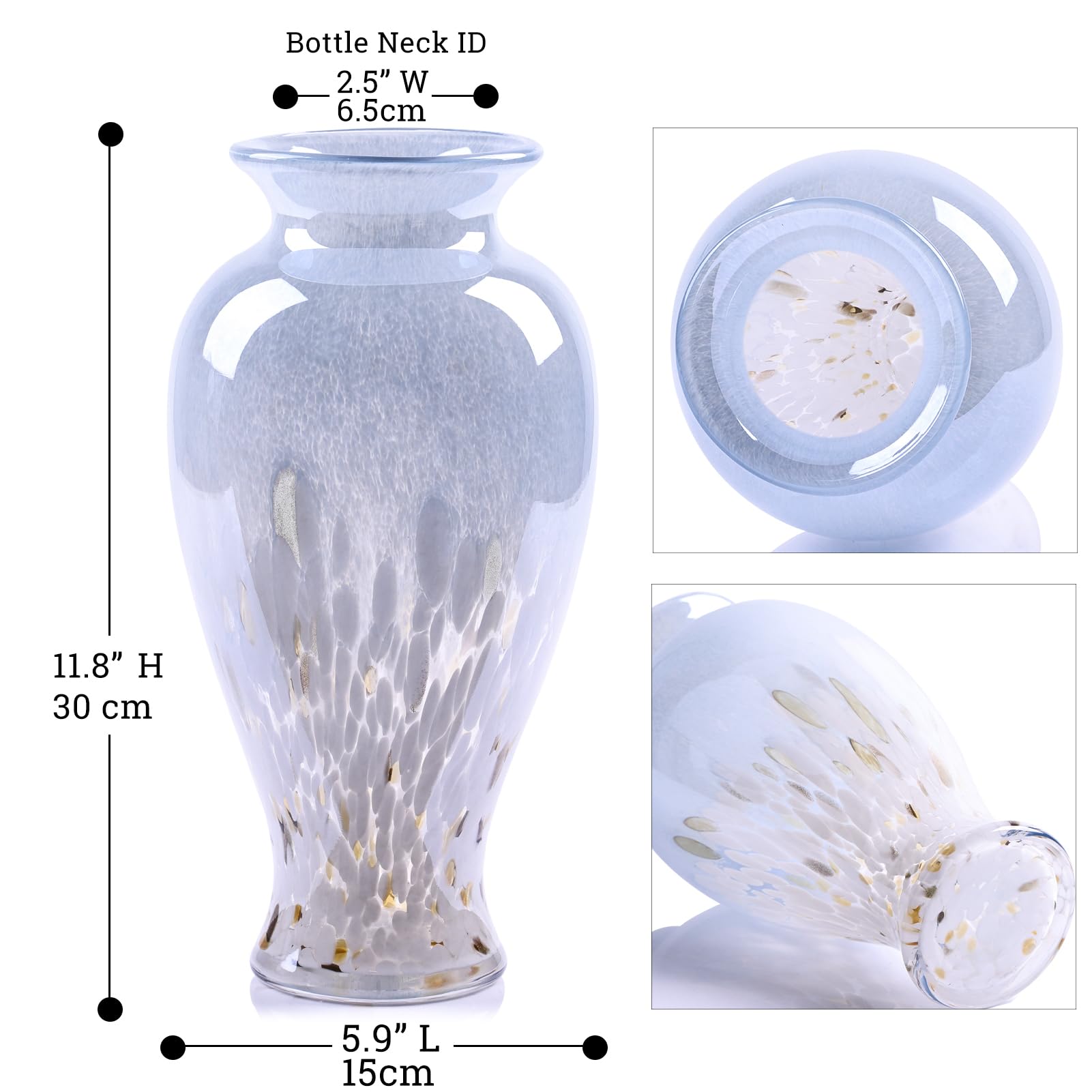 30 cm Vaso in Vetro Soffiato Blu Chiaro e Bianco, Vaso Colorato a Bocca Larga, Vaso Artistico per Casa, Soggiorno, Tavolo, Erba della Pampas (Blu E Bianco)