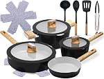 NutriChef 14-Piece Ceramic Cookware Set - Non-Stick Induction Pots & Pans | 14-piece non-stick ceramic set with glass lids, cool-touch handles & utensils - induction & dishwasher safe, Black