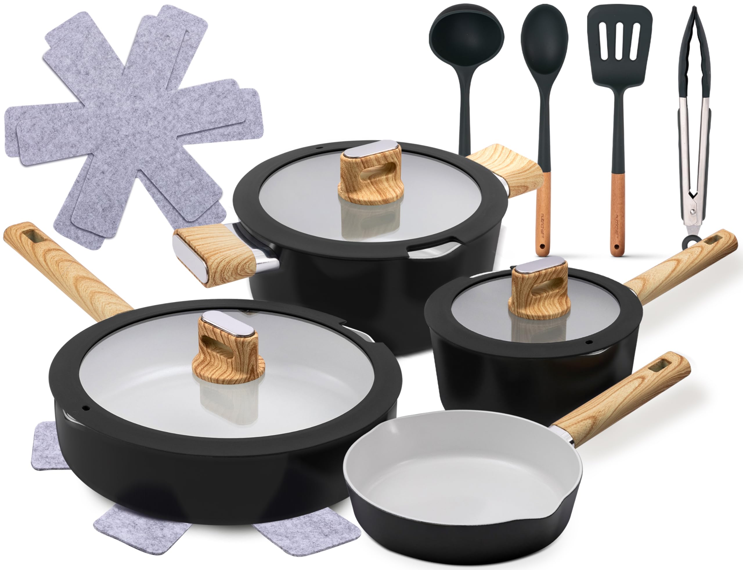 NutriChef Topfset Pfannenset Induktion, 14 Teilig, Schwarz – Keramik Antihaft Kochgeschirr mit Abnehmbaren Klappgriffen, Glasdeckeln, Platzsparender Aufbewahrung und Gleichmäßiger Wärmeverteilung