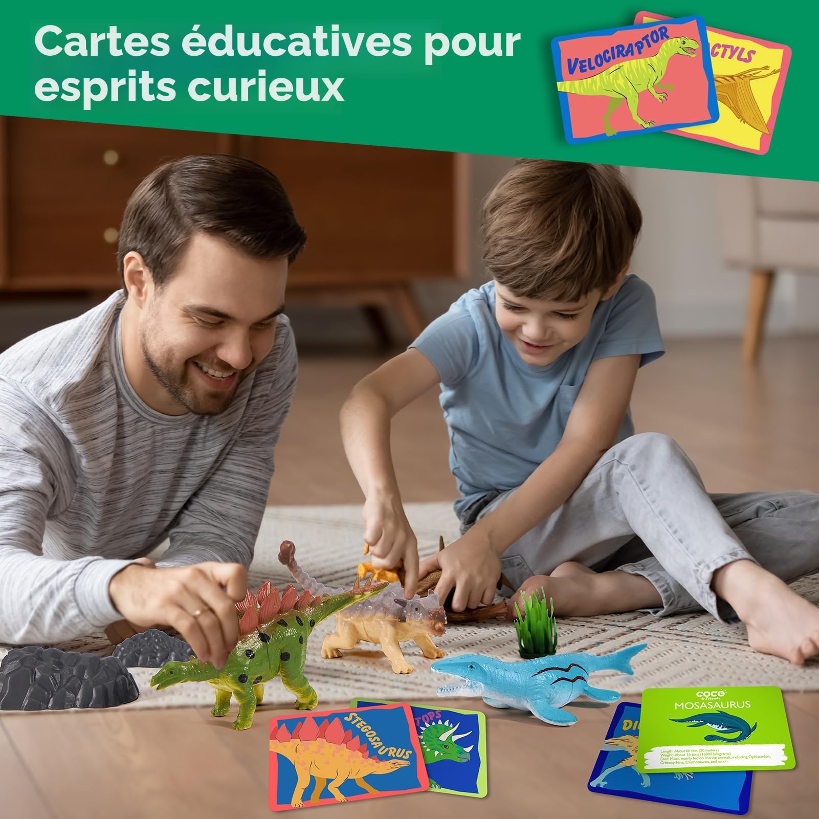 COCO&Friends Dinosaures Jouet pour Enfants 3 - 7 Ans, Sac à Dos Portable avec Tapis de Jeu 3D Pliant, Cadeau pour Enfants Garçons Filles