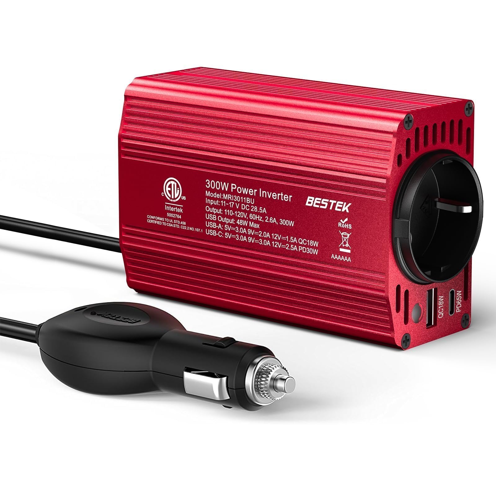 BESTEK 300W Wechselrichter/Spannungswandler 12v 230v /Stromwandler Inverter 12v auf 230v /mit Zertifiziert und Dual USB 4,8 A（PD65W&QC18W） inkl. Kfz Zigarettenanzünder Stecker Rot
