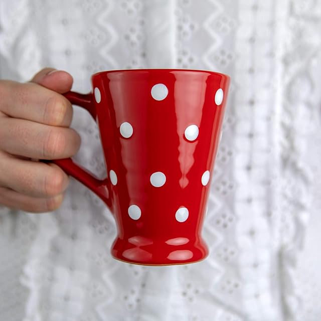 City to Cottage® Red and White | Polka Dot Spotty | Designer Handmade Hand Painted | Unique Ceramic | Coffee Tea Latte Mugs Cups with Large Handle | Gift