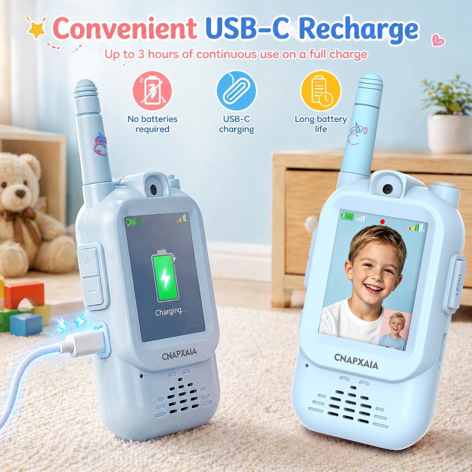 Walkie Talkie Bambini Video, Videochiamata Senza Internet e Senza App, Connessione Automatica, Selfie Emoji Messaggi Vocali, Gioco Interattivo Bambini 3-10 Anni Regalo (Blu/Blu)