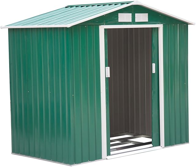 Outsunny 7ft x 4ft Lockable Garden Metal Storage Shed Large Patio Roofed Tool Storage Building Foundation Sheds Box Outdoor Furniture, Green