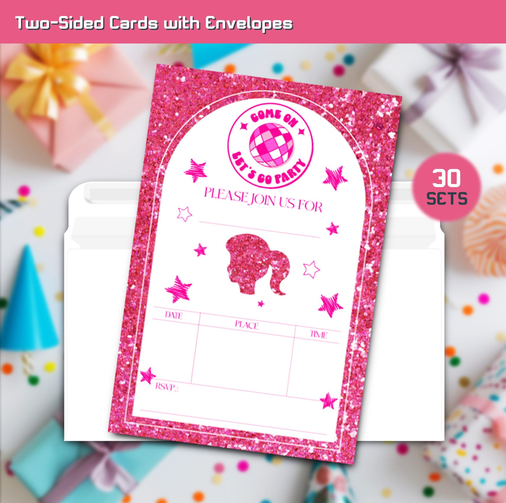 XIAOPNN Pink Doll Birthday Party Invitation for Girls, Let's Go Party Birthday Supplies, 30 Cards With 30 Envelopes