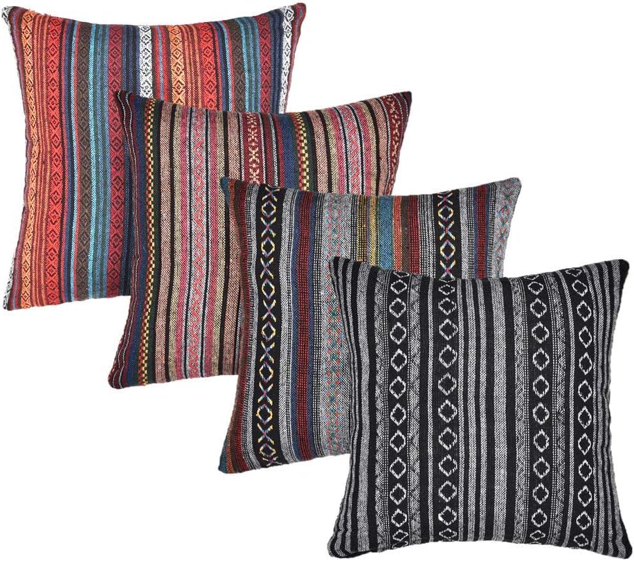 JASEN 4 Pack Moroccan Pillow Covers, Decorative Throw Pillow Cover for Couch Sofa Bed Bohemian Retro Stripe Cotton Blend Linen Pillow Case 18"X18" Pillow Cover