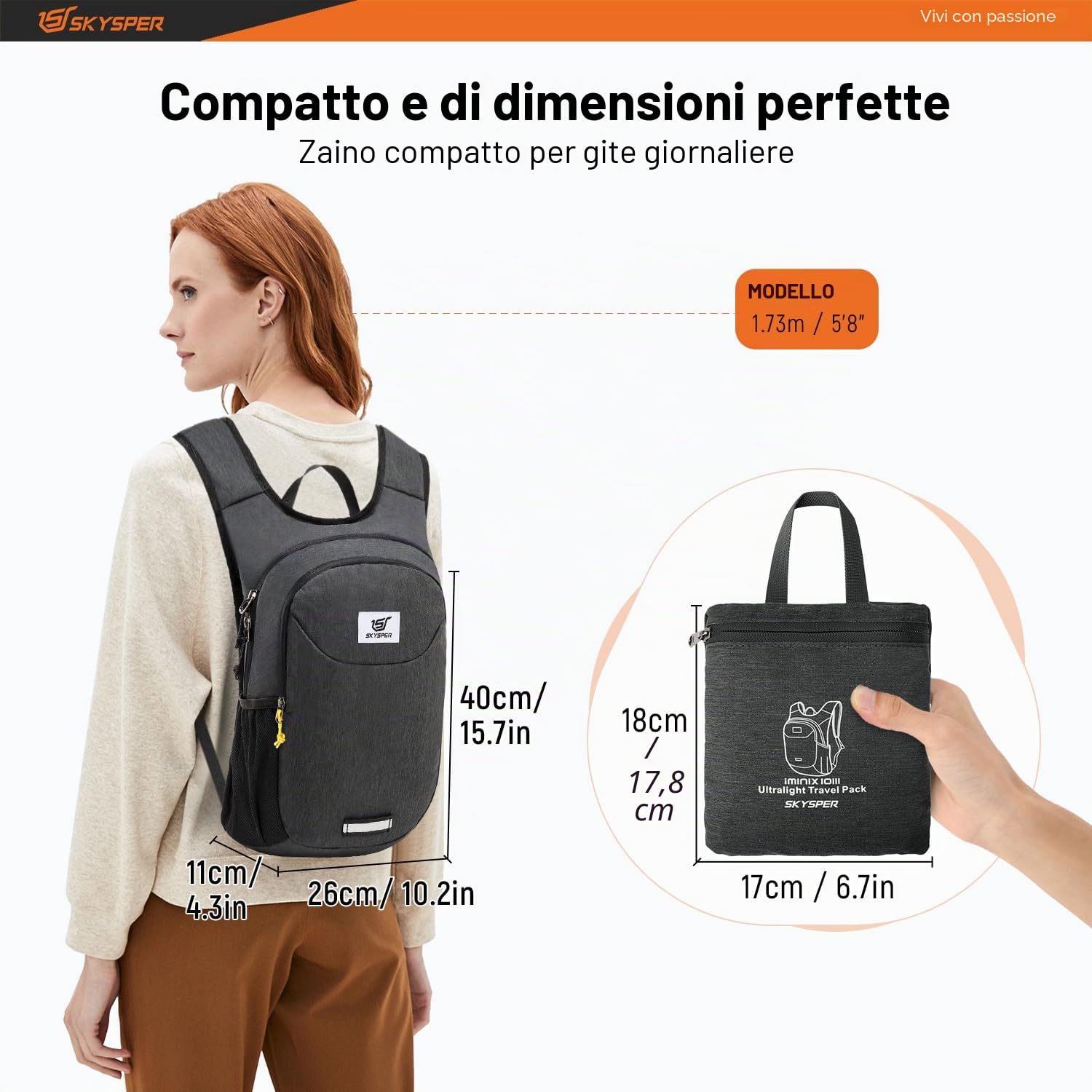SKYSPER Zaino Ultraleggero Pieghevole 10L, Zaino Salvaspazio da Viaggio | con Strisce Riflettenti Anteriori e Posteriori per Escursioni viaggi Ciclismo Trekking