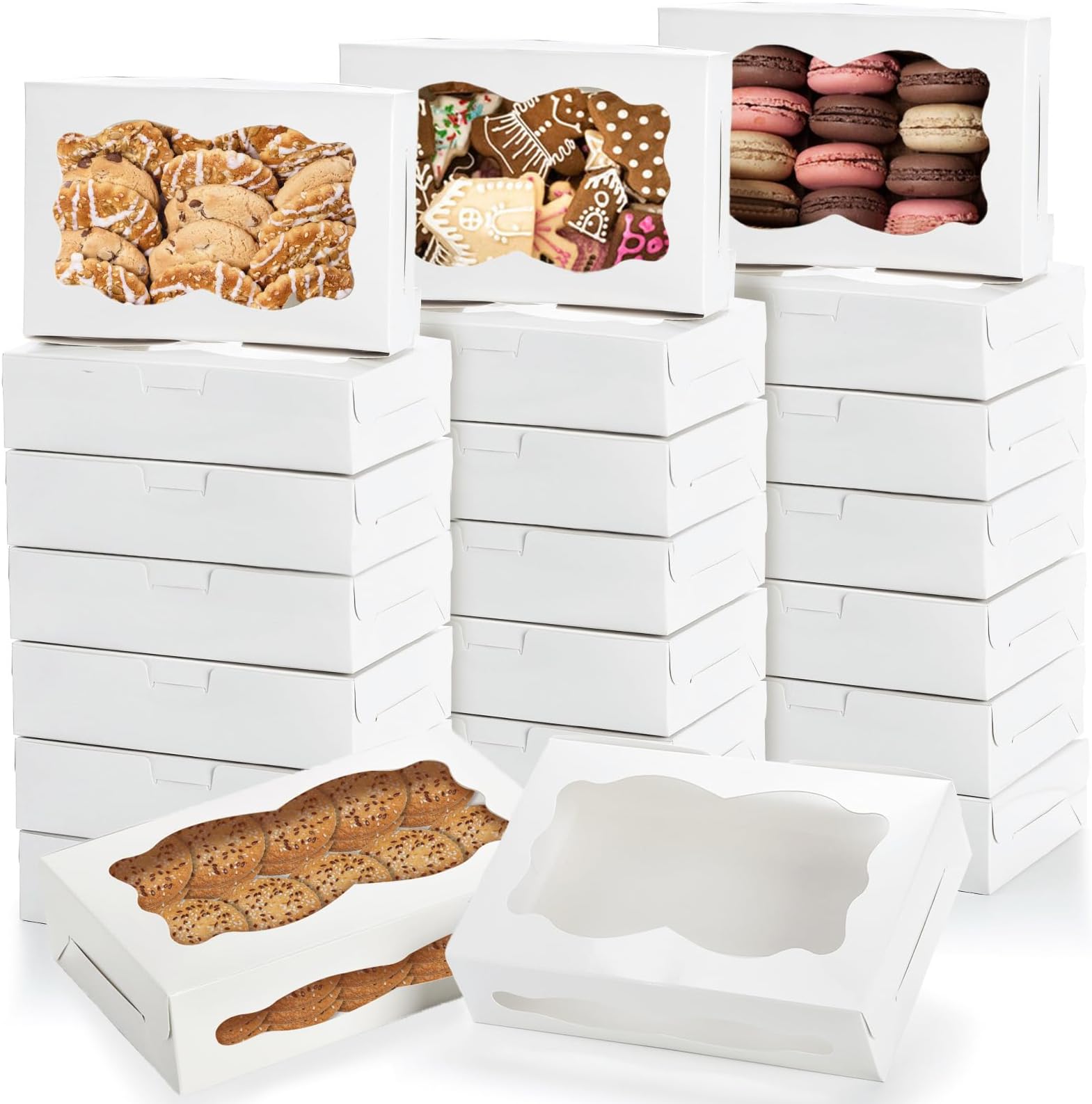 Hiceeden 50 Pack White Cookie Boxes for Gift Giving, 20 × 13.5 ×5cm Bakery Candy Box with Clear Window, Treat Dessert Boxes for Pastry Biscuit Pie Donuts Candy Macaron Chocolate Strawberry