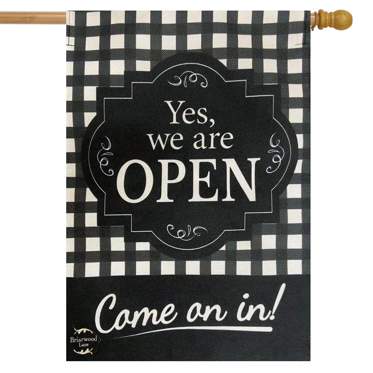 Briarwood Lane We are Open Burlap House Flag Everyday Checkered 28" x 40"