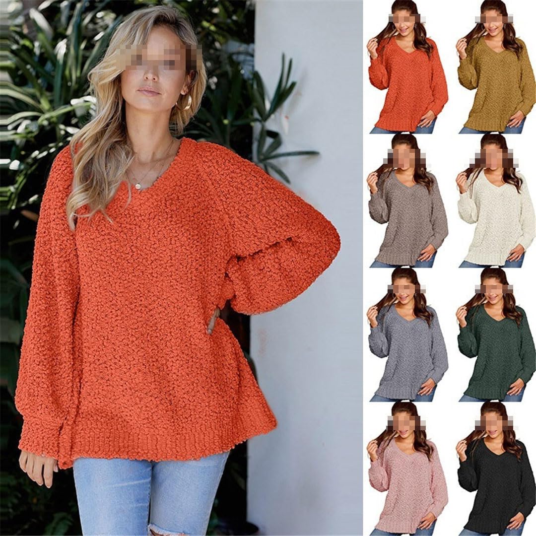 Vogrtcc Damski sweter z dzianiny z dekoltem w serek plus size luźny sweter oversize