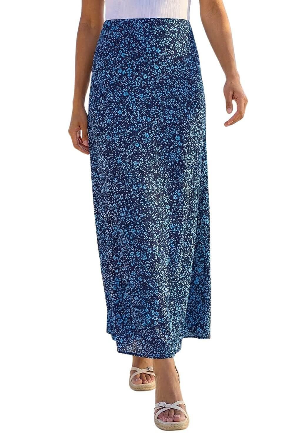 Roman Women's Ditsy Floral Elastic Waist A Line Midi Skirt in Blue | Size: 12