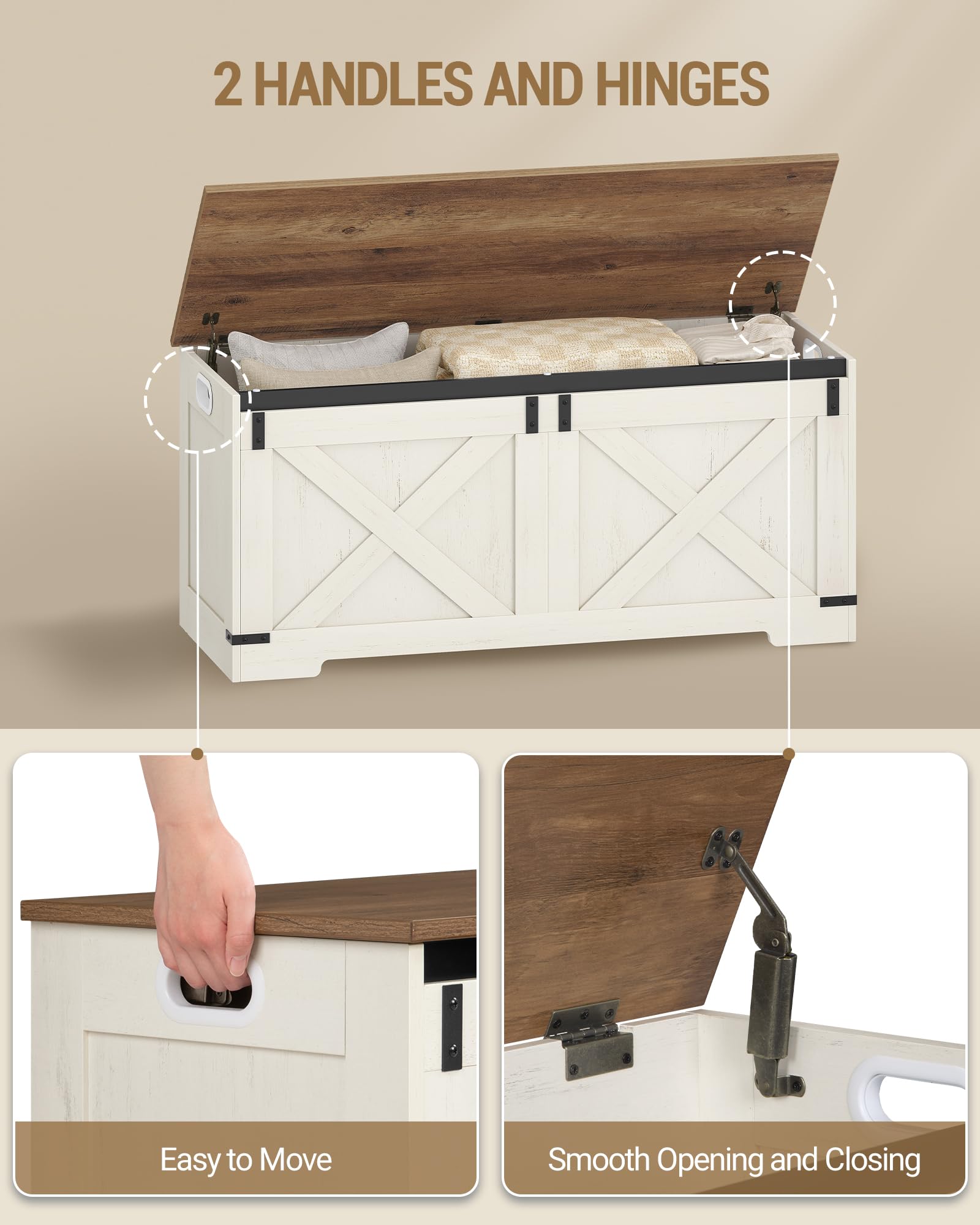 Hzuaneri Opbergbank, dekenkist, opbergdoos met 2 veiligheidsscharnieren, 40 x 109 x 48,5 cm, schoenenbank voor entree, slaapkamer, woonkamer, wit/bruin SB10914X