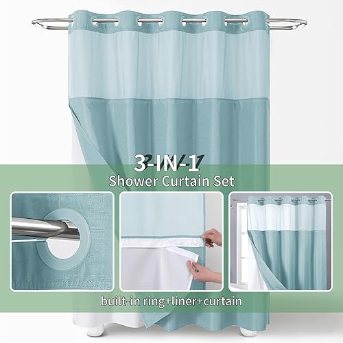 Miniatura 2 de Cortina de ducha verde azulado sin gancho con forro de tela a presión, cortinas de ducha de tela texturizada para baño, cortina de ducha moderna