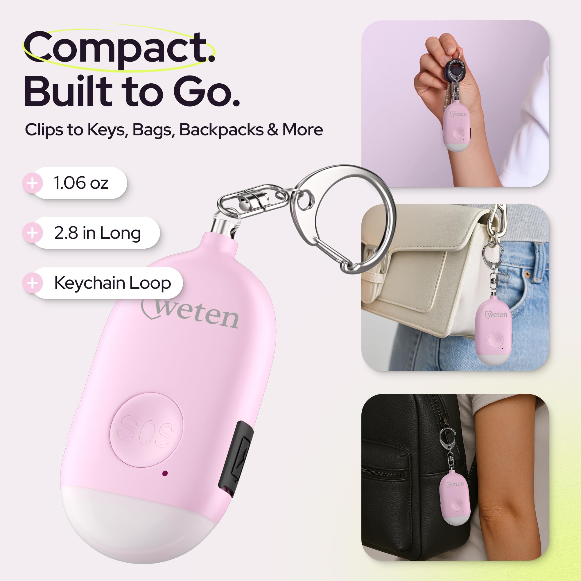 WETEN Llavero de alarma recargable de autodefensa, anillo de sirena personal de emergencia de 130 dB con luz LED, llavero de dispositivo de alerta de seguridad SOS para mujeres, niños, ancianos y