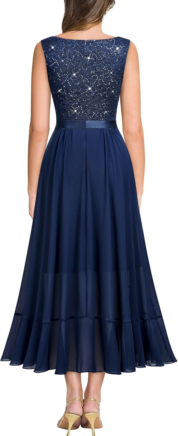 Miusol Women's Vintage V-Neck Sleeveless Sequined Floral Lace Ruffle Split Evening Party Dress - Image 2