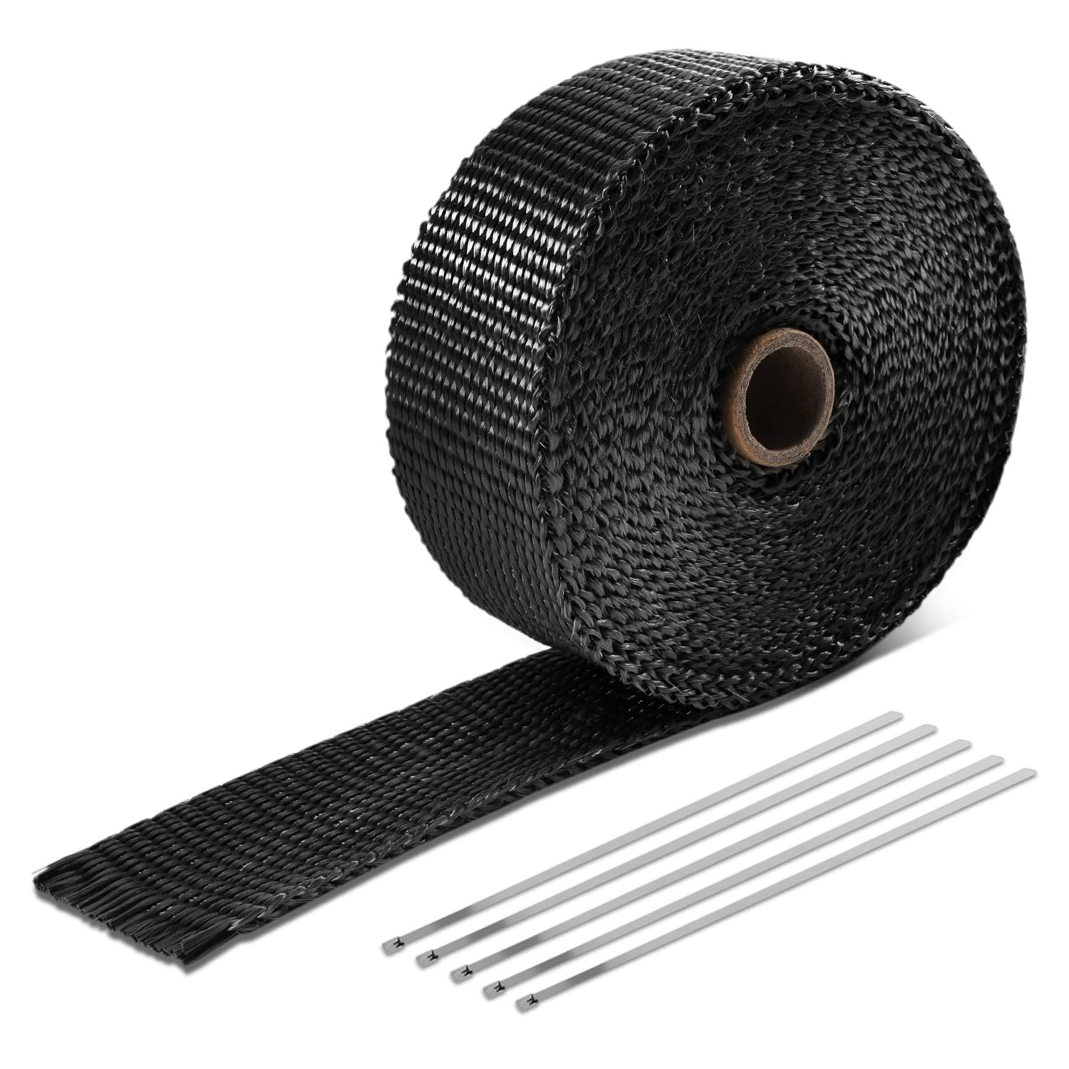 DNA MOTORING 2" x 30' Exhaust Header Wrap Heat Wrap for exhaust pipes, Exhaust Tape Pipe Heat Tape for Motorcycle Fiberglass Heat Shield Tape with 5pcs Stainless Ties, 1 Roll, Black, WRAP-30-ZIP-BK-1P