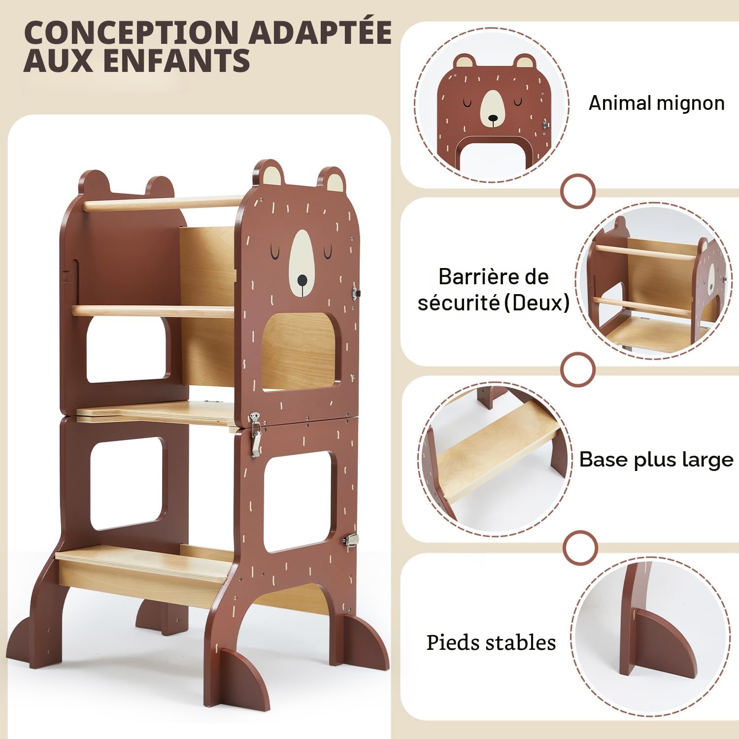 Labebe Tour d Observation Enfant, Grande Taille Tour d'observation Montessori 1-3 Ans,Tour Montessori multifonctionnelle 3 en 1 - l'ours Brun