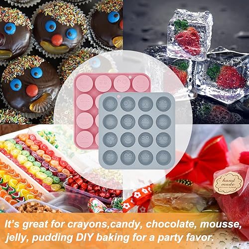 Miniatura 6 de Paquete de 2 moldes de silicona de chocolate con cara sonriente, 16 cavidades 3D de expresión facial temática para hornear, bandeja de cubitos de