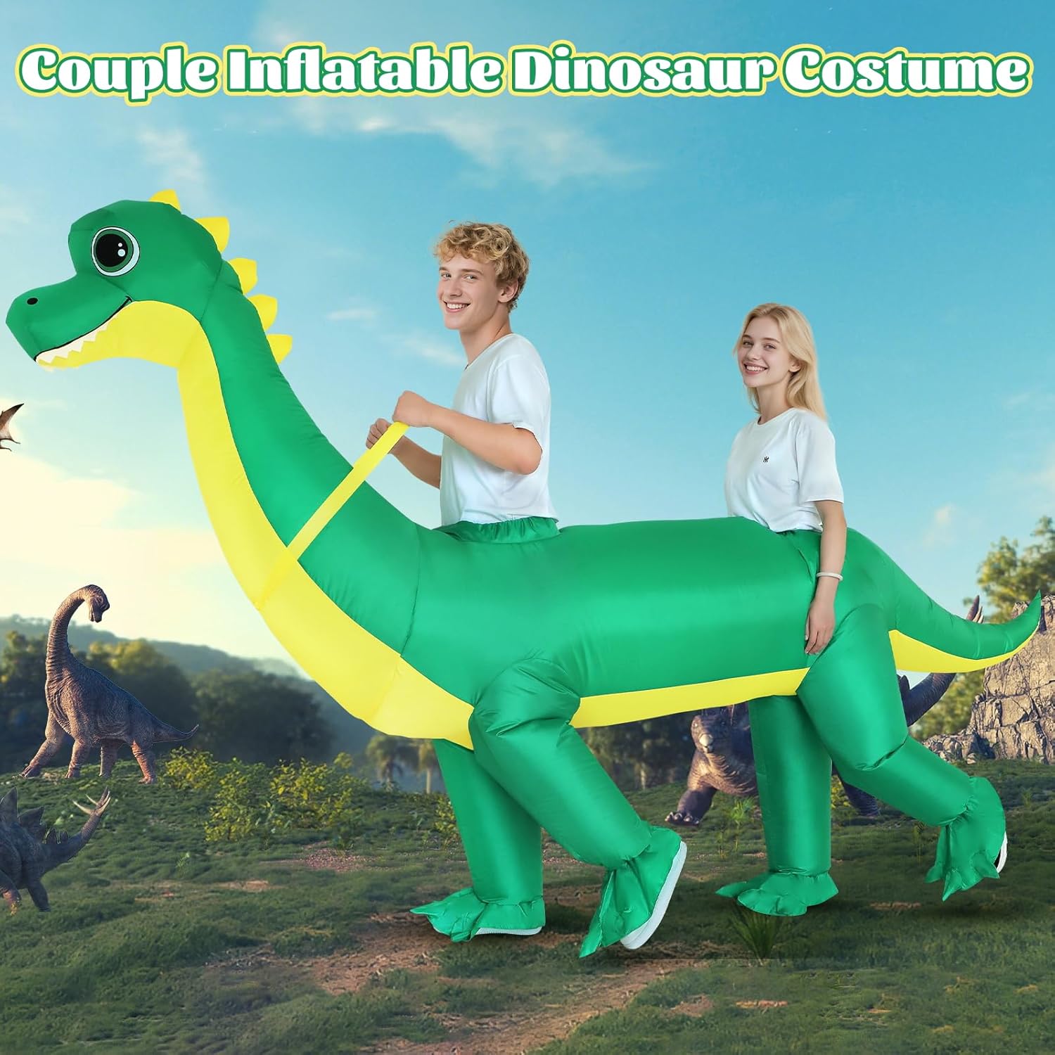 XYJKIDSES Inflatable Dinosaur Costume for Couples Halloween Costumes for Adults Funny 2025 New Inflatable Costume 2-Person Brachiosaurus Costumes Blow Up Costumes for Cosplay Party