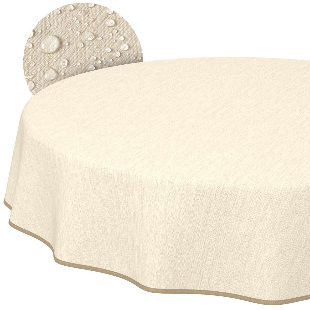 Washable Oilcloth Tablecloth Garden Tablecloth Linen Look Easy Care Water-Repellent 140 cm (Round) Cream with Hem