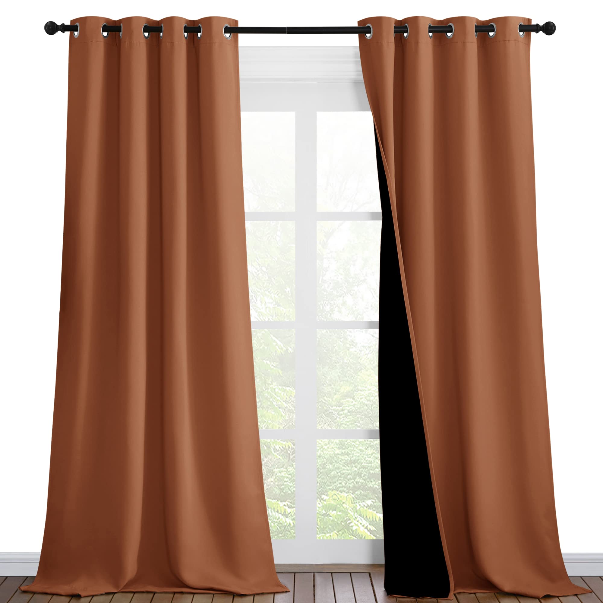 NICETOWN Burnt Orange Blackout Curtains 90 inches Long, Full Light Blocking Drapes with Black Liner for Nursery, Thermal Insulated Draperies for Hall, Villa (2 Pieces, 46" Wide Each Panel)