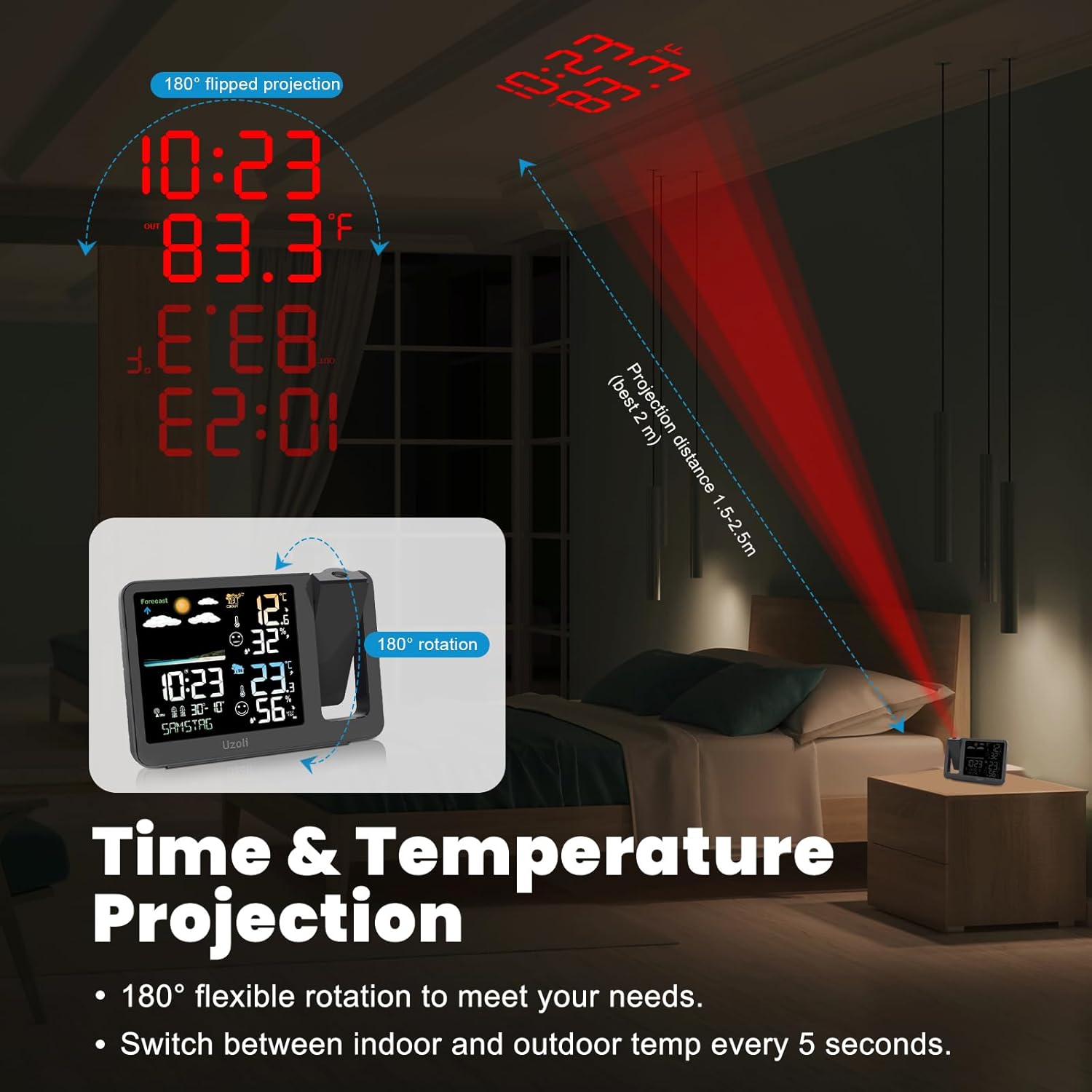 uzoli Projection Alarm Clock Weather Station, WWVB Atomic Projector Clock with Sensor, Adjustable Backlight, Indoor Outdoor Temperature Humidity, Digital Projection Clock for Bedroom Ceiling